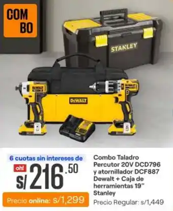 Promart Combo Taladro Percutor 20V DCD796 y atornillador DCF887 Dewalt + Caja de herramientas 19" Stanley oferta