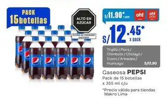 Makro Gaseosa PEPSI Pack de 15 botellas x 355 ml c/u oferta