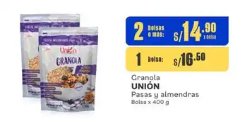 Makro Granola UNIÓN Pasas y almendras Bolsa x 400 g oferta