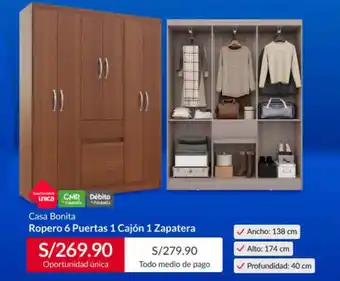 Sodimac Casa Bonita Ropero 6 Puertas 1 Cajón 1 Zapatera oferta