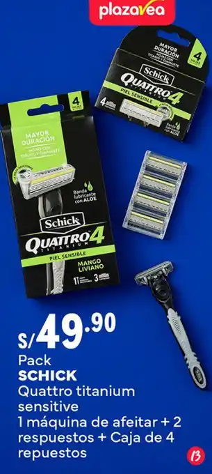 Plaza Vea Pack Quattro titanium sensitive Banda Jubricante con ALOE 1 máquina de afeitar +2 respuestos + Caja de 4 repuestos oferta
