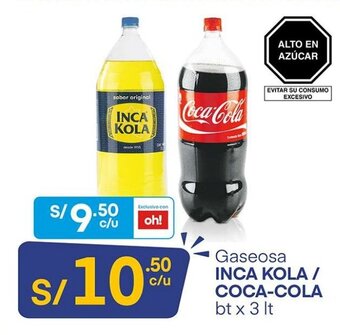 Plaza Vea Gaseosa Inca Kola/Coca-Cola 3lt oferta
