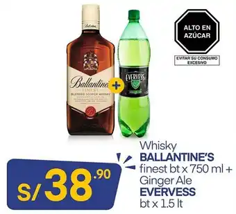 Plaza Vea Whisky Ballantine's 750ml + Ginger Ale Evervess 1.5lt oferta