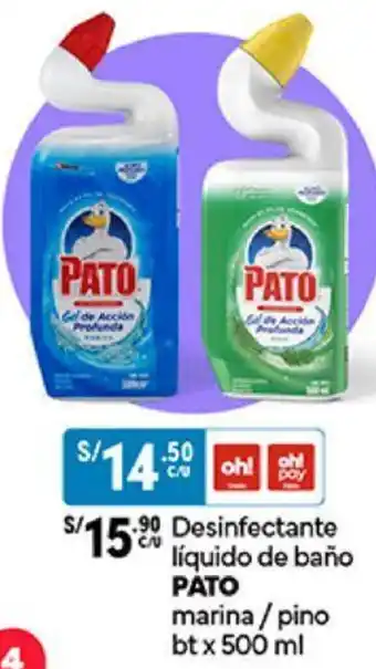 Plaza Vea Desinfectante líquido de baño PATO marina/pino bt x 500ml oferta