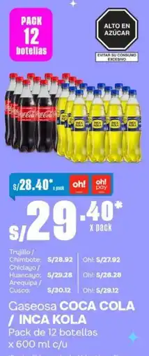 Makro Gaseosa COCA COLA / INCA KOLA Pack de 12 botellas x 600 ml c/u oferta