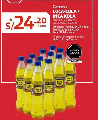 Makro Gaseosa coca-cola / inca kola pack de 12 x 600 ml. oferta