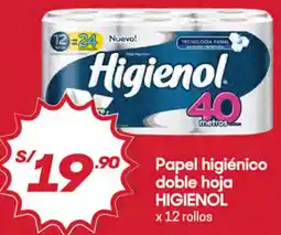 Hiperbodega Precio Uno Papel higiénico doble hoja HIGIENOL x 12 rollos oferta