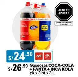 Plaza Vea Gaseosas COCA-COLA + FANTA + INCA KOLA pk x 3 bt x 3L oferta
