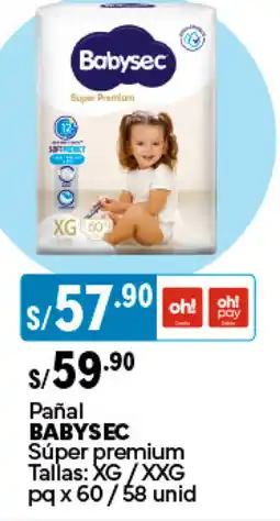 Plaza Vea Pañal BABYSEC Súper premium Tallas: XG/XXG pq x 60/58 unid oferta
