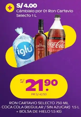 Tambo Ron Cartavio Selecto 750ml Coca-Cola (Regular/Sin Azucar) 1.5L + Bolsa de Hielo 1.5kg oferta