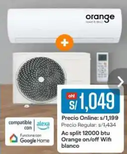 Promart Ac split 12000 btu Orange on/off Wifi blanco oferta