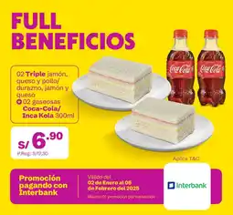 Tambo Triple jamón, queso y pollo/ Durazno, jamón y queso + Coca-Cola/Inca Kola oferta