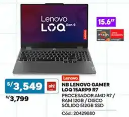 Plaza Vea NB Lenovo Gamer LOQ 15ARP9 R7 oferta