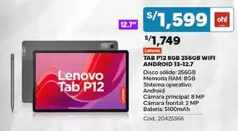 Plaza Vea Lenovo Tab P12 8GB 256GB Wifi Android 13-12.7 oferta