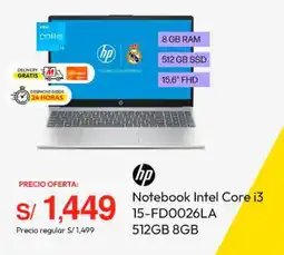 Metro hp Notebook Intel Core i3 15-FD0026LA 512GB 8GB oferta