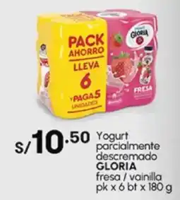 Plaza Vea Yogurt parcialmente descremado GLORIA fresa / vainilla pk oferta