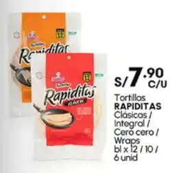 Plaza Vea Tortillas RAPIDITAS Clásicas / Integral / Cero cero / Wraps bl x oferta
