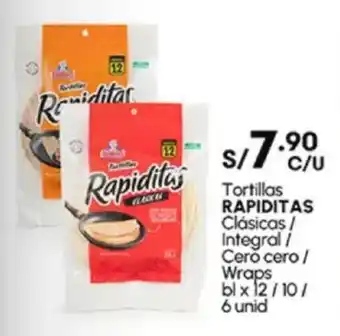 Plaza Vea Tortillas RAPIDITAS Clásicas / Integral / Cero cero / Wraps bl x oferta