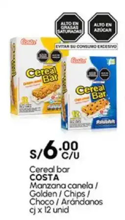 Plaza Vea Cereal bar COSTA Manzana canela / Golden/Chips / Choco/Arándanos cj oferta