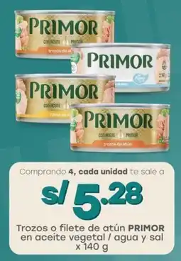 Tottus Trozos o filete de atún PRIMOR en aceite vegetal / agua y sal oferta