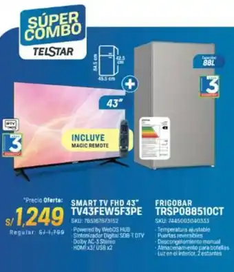 El Gallo Más Gallo Telstar Smart TV FHD 43" TV43FEW5F3PE + Frigobar TRSP088510CT oferta
