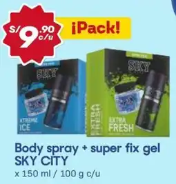 Hiperbodega Precio Uno Sky city body spray + super fix gel oferta