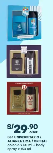 Tottus Set universitario / alianza lima / cristal colonia x 50 ml + body spray oferta