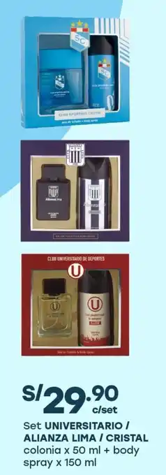 Tottus Set universitario / alianza lima / cristal colonia x 50 ml + body spray oferta