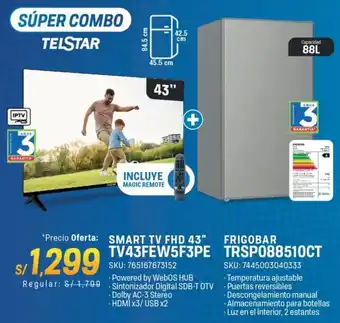 El Gallo Más Gallo Telstar smart tv fhd 43" + frigobar TRSP088510CT oferta
