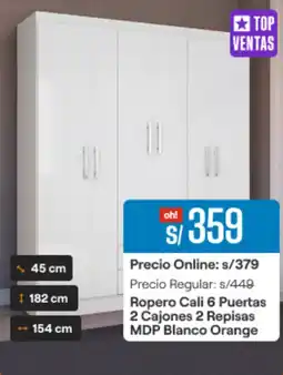 Promart Ropero Cali 6 Puertas 2 Cajones 2 Repisas MDP Blanco Orange oferta