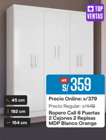 Promart Ropero Cali 6 Puertas 2 Cajones 2 Repisas MDP Blanco Orange oferta