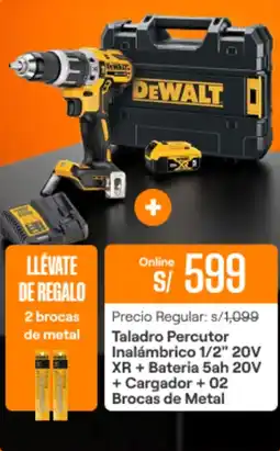 Promart DeWalt Taladro Percutor Inalámbrico 1/2" 20V XR + Bateria 5ah 20V + Cargador + 02 Brocas de Metal oferta