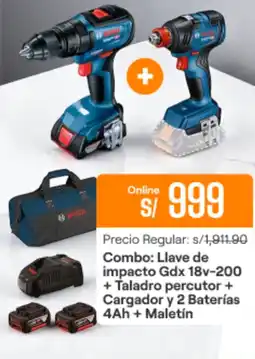 Promart Bosch Llave de impacto Gdx 18v-200 + Taladro percutor + Cargador y 2 Baterías 4Ah + Maletín oferta