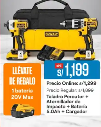 Promart DeWalt Taladro Percutor + Atornillador de Impacto + Batería 5.0Ah + Cargador oferta