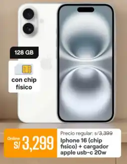Promart iPhone 16 (chip fisico) + cargador apple usb-c 20w oferta