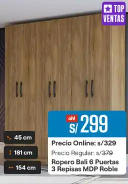 Promart Ropero Bali 6 Puertas 3 Repisas MDP Roble oferta