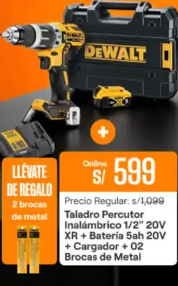 Promart Taladro Percutor Inalámbrico 1/2" 20V XR + Batería 5ah 20V + Cargador +02 Brocas de Metal oferta