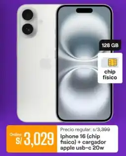Promart Iphone 16 (chip fisico) + cargador oferta