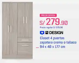 Metro Design closet 4 puertas zapatera crema o tabaco oferta