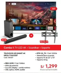 Hiraoka Miray tv 50" led 4k + soundbar + soporte oferta