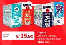 Wong Gloria leche uht entera, light, slim o zero lacto caja oferta