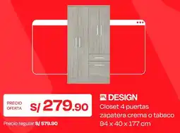 Wong Design closet 4 puertas zapatera crema o tabaco oferta
