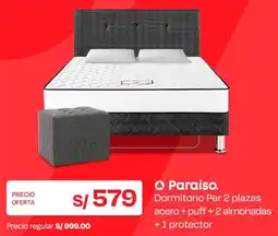 Wong Paraíso dormitorio acero + puff +2 almohadas +1 protector oferta