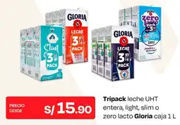 Wong Tripack leche uht entera, light, slim o zero lacto gloria caja oferta
