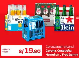 Wong 0.0% alc/vol corona, cusqueña, corona, cusqueña, heineken y free damm oferta