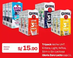 Wong Gloria zero lacto tripack leche uht entera, light, niños, slim o sin lactosa oferta