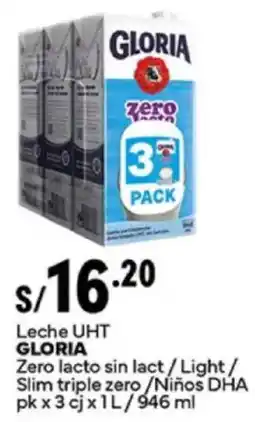 Plaza Vea Gloria leche uht zero lacto sin lact/light/ slim triple zero/niños dha oferta