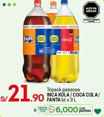 Tottus Tripack Gaseosa Inca Kola/ Coca Cola/ Fanta bt x 3L oferta