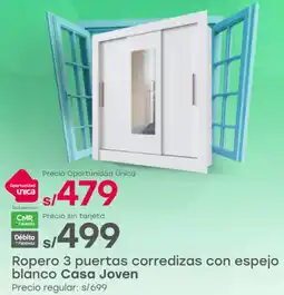 Tottus Casa joven ropero 3 puertas corredizas con espejo blanco oferta