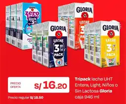Wong Gloria tripack leche uht entera, light, niños o sin lactosa oferta